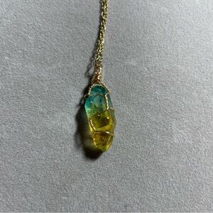 Gold Wire Wrapped Blue and Yellow Ombré Dyed Quartz Pendant Necklace 17” long